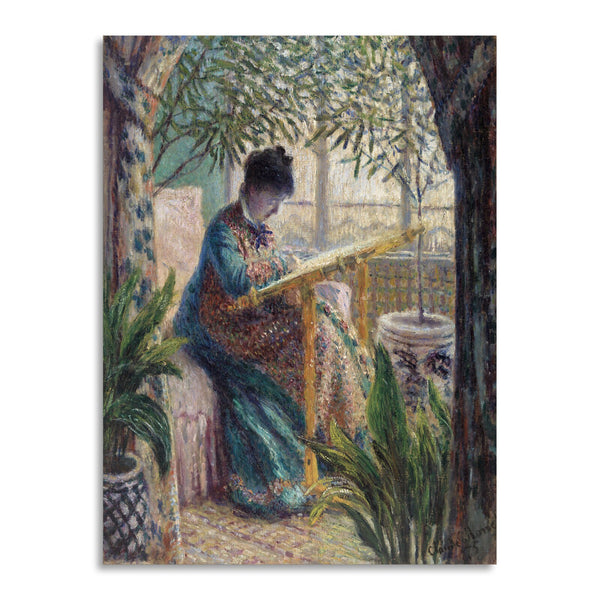 Quadro Stampa su Tela con Telaio in Legno Claude Monet - Madame Monet Embroidering