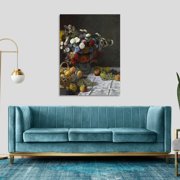 Quadro Stampa su Tela con Telaio in Legno Claude Monet - Still Life with Flowers and Fruit