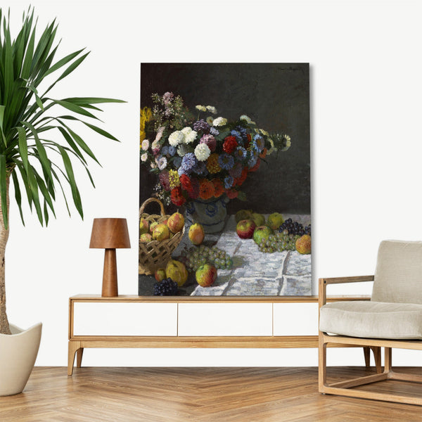 Quadro Stampa su Tela con Telaio in Legno Claude Monet - Still Life with Flowers and Fruit