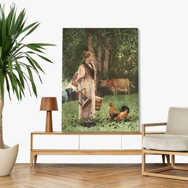 Quadro Stampa su Tela con Telaio in Legno Winslow Homer - The Milk Maid