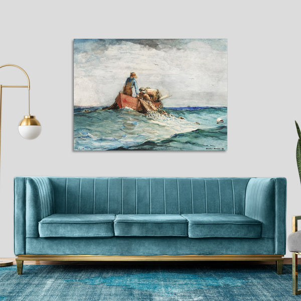 Quadro Stampa su Tela con Telaio in Legno Winslow Homer - Hauling in the Nets