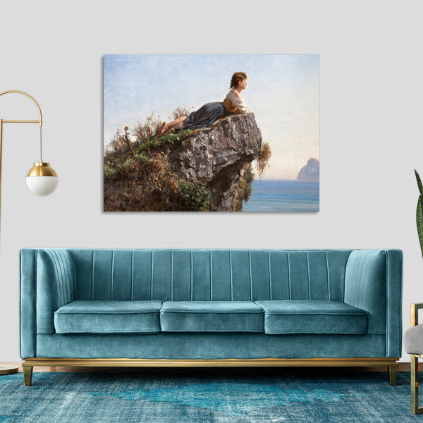 Quadro Stampa su Tela con Telaio in Legno Filippo Palizzi - la fanciulla sulla roccia a Sorrento