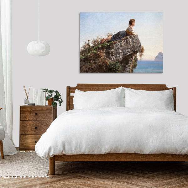 Quadro Stampa su Tela con Telaio in Legno Filippo Palizzi - la fanciulla sulla roccia a Sorrento