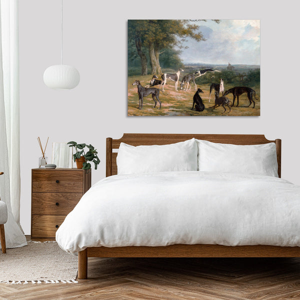 Quadro Stampa su Tela con Telaio in Legno Jacques–Laurent Agasse - Nine Greyhounds in a Landscape