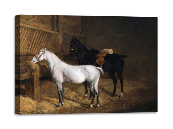 Quadro Stampa su Tela con Telaio in Legno Jacques–Laurent Agasse - A Grey Pony and a Black Charger in a Stable