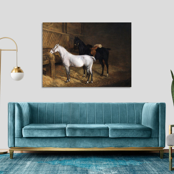 Quadro Stampa su Tela con Telaio in Legno Jacques–Laurent Agasse - A Grey Pony and a Black Charger in a Stable