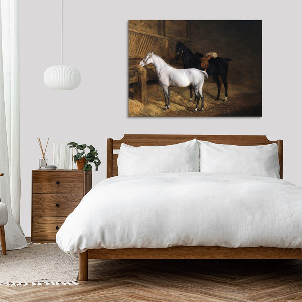Quadro Stampa su Tela con Telaio in Legno Jacques–Laurent Agasse - A Grey Pony and a Black Charger in a Stable