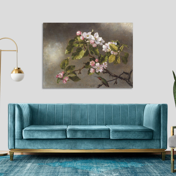 Quadro Stampa su Tela con Telaio in Legno Martin Johnson Heade - Hummingbird and Apple Blossoms