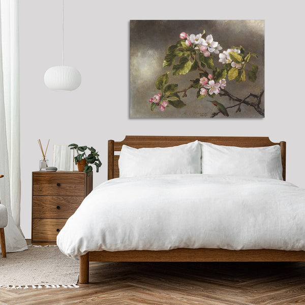 Quadro Stampa su Tela con Telaio in Legno Martin Johnson Heade - Hummingbird and Apple Blossoms