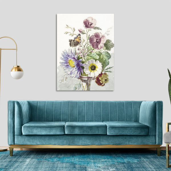 Quadro Stampa su Tela con Telaio in Legno Willem van Leen - Bouquet of Flowers with a Butterfly