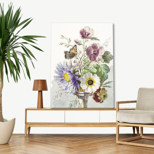Quadro Stampa su Tela con Telaio in Legno Willem van Leen - Bouquet of Flowers with a Butterfly