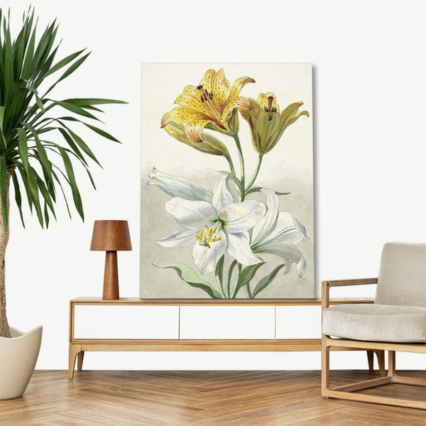 Quadro Stampa su Tela con Telaio in Legno Willem van Leen - Yellow and White Lilies