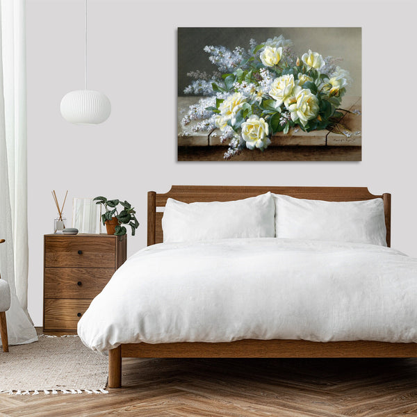 Quadro Stampa su Tela con Telaio in Legno Raoul De Longpre - A Still Life with Roses