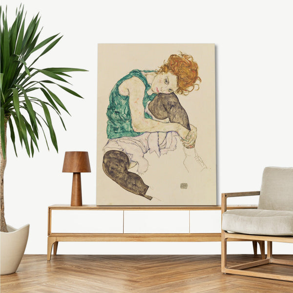 Quadro Stampa su Tela con Telaio in Legno Egon Schiele - Seated Womanwith Bent Knee