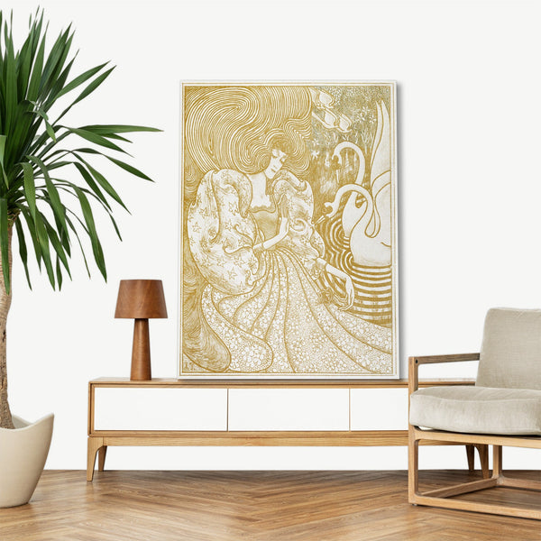 Quadro Stampa su Tela con Telaio in Legno Jan Toorop - Woman with a Butterfly at a Pond with Two Swans