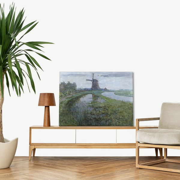 Quadro Stampa su Tela con Telaio in Legno Piet Mondrian - Oostzijdse Mill along the River Gein by Moonlight