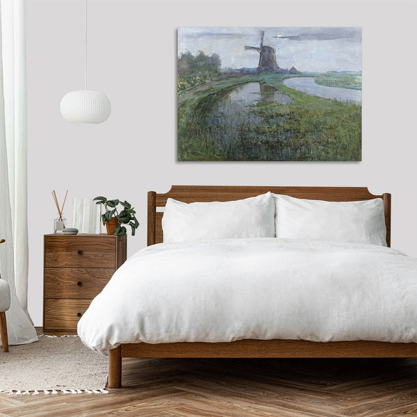 Quadro Stampa su Tela con Telaio in Legno Piet Mondrian - Oostzijdse Mill along the River Gein by Moonlight