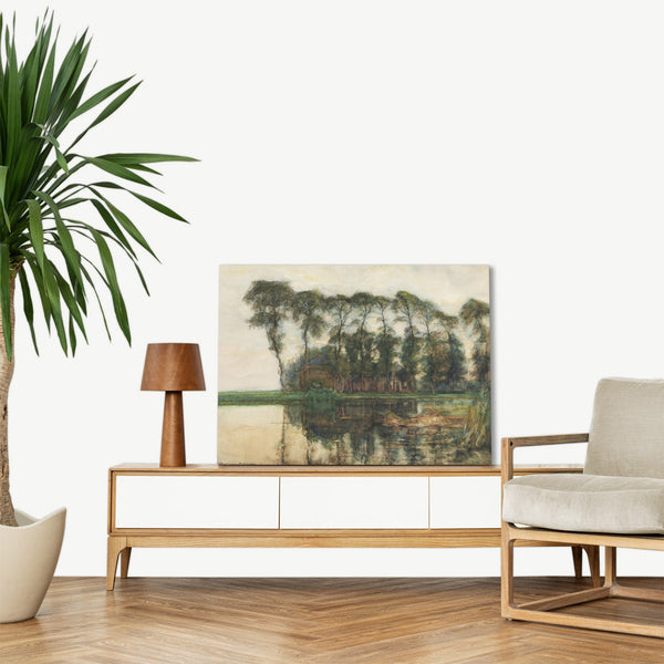 Quadro Stampa su Tela con Telaio in Legno Piet Mondrian - Farmstead along the water screened by nine tall trees