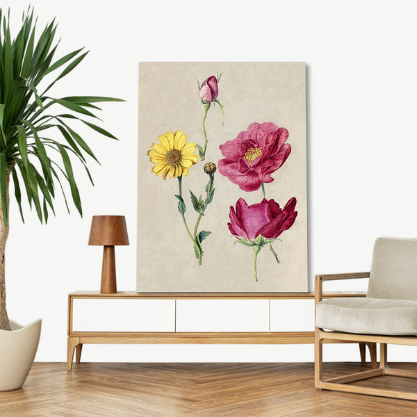 Quadro Stampa su Tela con Telaio in Legno Jacques Le Moyne de Morgues - French Roses and an Oxeye Daisy