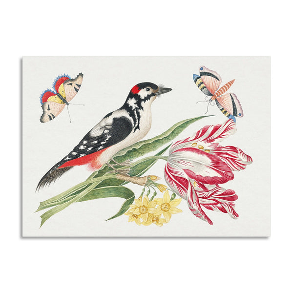 Quadro Stampa su Tela con Telaio in Legno Black and white mottled bird on tulip