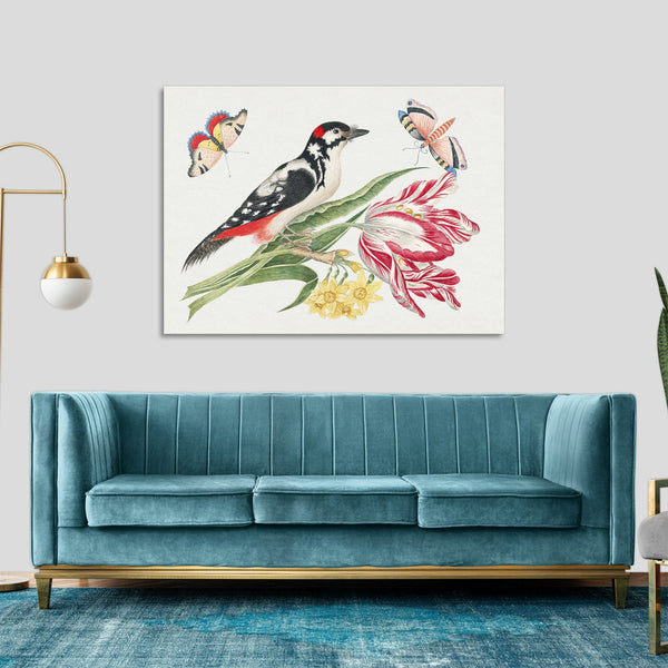 Quadro Stampa su Tela con Telaio in Legno Black and white mottled bird on tulip