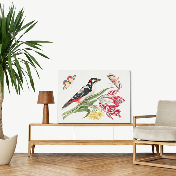 Quadro Stampa su Tela con Telaio in Legno Black and white mottled bird on tulip