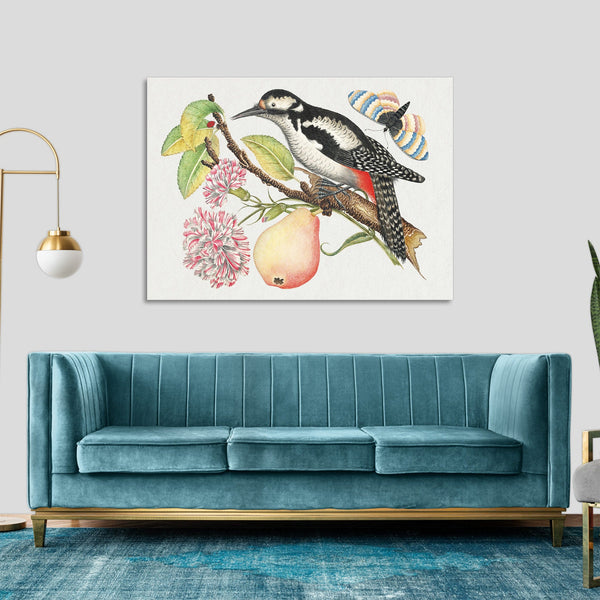 Quadro Stampa su Tela con Telaio in Legno Bird perched on a branch which bears a pear