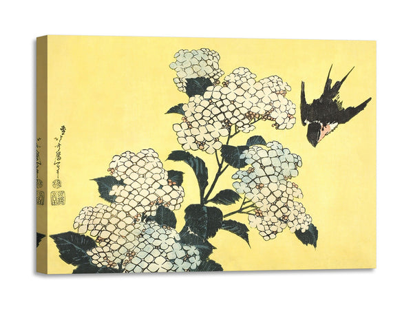 Quadro Stampa su Tela con Telaio in Legno Katsushika Hokusai - Hydrangea and Swallow