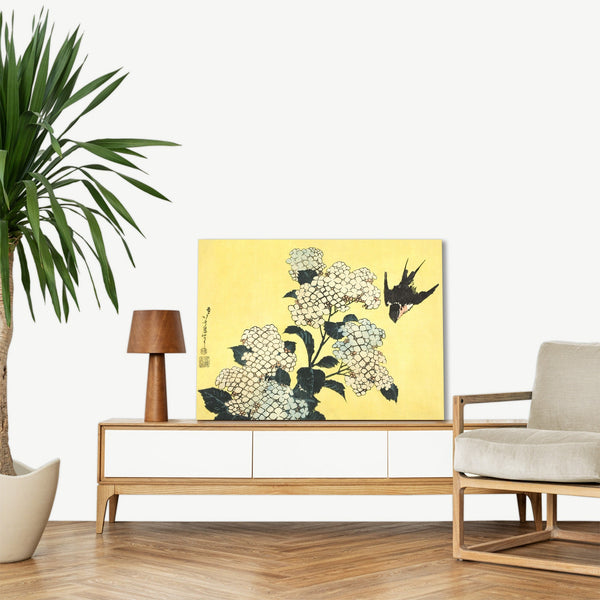 Quadro Stampa su Tela con Telaio in Legno Katsushika Hokusai - Hydrangea and Swallow