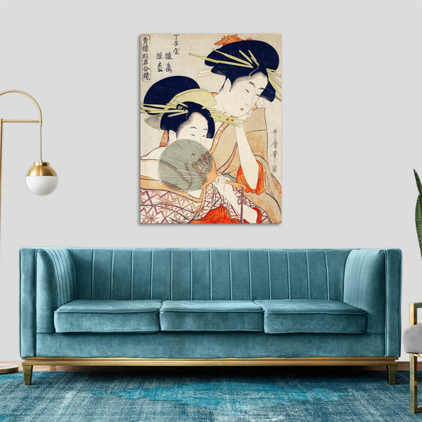Quadro Stampa su Tela con Telaio in Legno Utamaro Kitagawa - Chojiya Hinazuru Hinamatsu