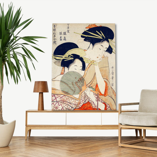 Quadro Stampa su Tela con Telaio in Legno Utamaro Kitagawa - Chojiya Hinazuru Hinamatsu