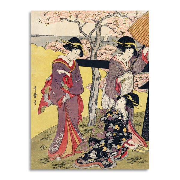 Quadro Stampa su Tela con Telaio in Legno Utamaro Kitagawa - Gotenyama no Hanami Hidari
