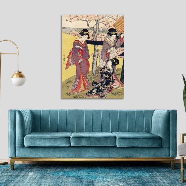 Quadro Stampa su Tela con Telaio in Legno Utamaro Kitagawa - Gotenyama no Hanami Hidari