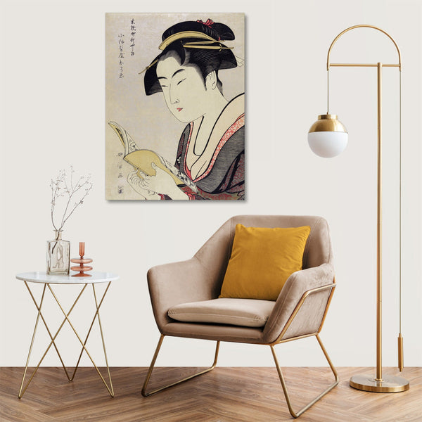 Quadro Stampa su Tela con Telaio in Legno Utamaro Kitagawa - Kobikicho Arayashiki Koiseya Ochie
