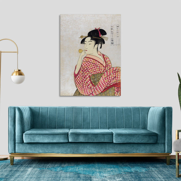 Quadro Stampa su Tela con Telaio in Legno Utamaro Kitagawa - Poppen o Fuku Musume