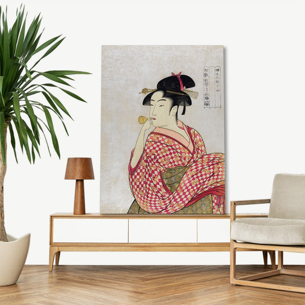 Quadro Stampa su Tela con Telaio in Legno Utamaro Kitagawa - Poppen o Fuku Musume