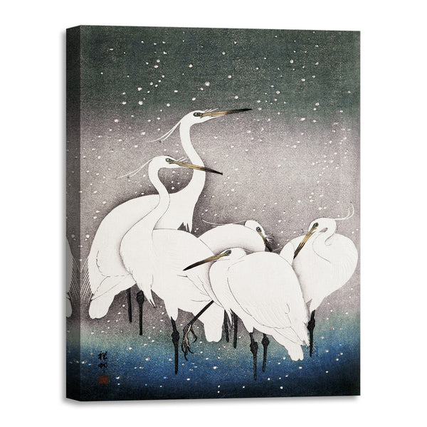Quadro Stampa su Tela con Telaio in Legno Ohara Koson - Group of Egrets
