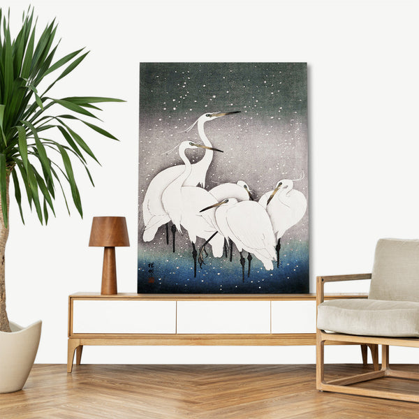 Quadro Stampa su Tela con Telaio in Legno Ohara Koson - Group of Egrets