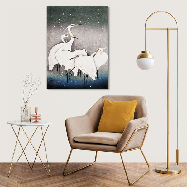 Quadro Stampa su Tela con Telaio in Legno Ohara Koson - Group of Egrets