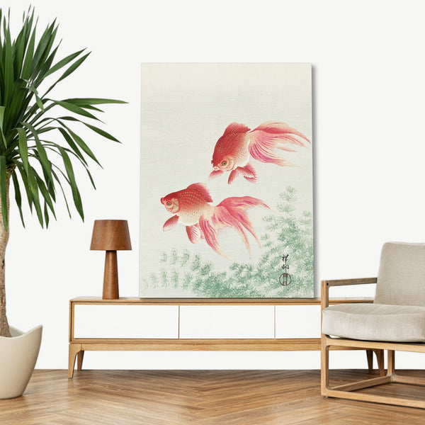 Quadro Stampa su Tela con Telaio in Legno Ohara Koson - Two veil goldfish
