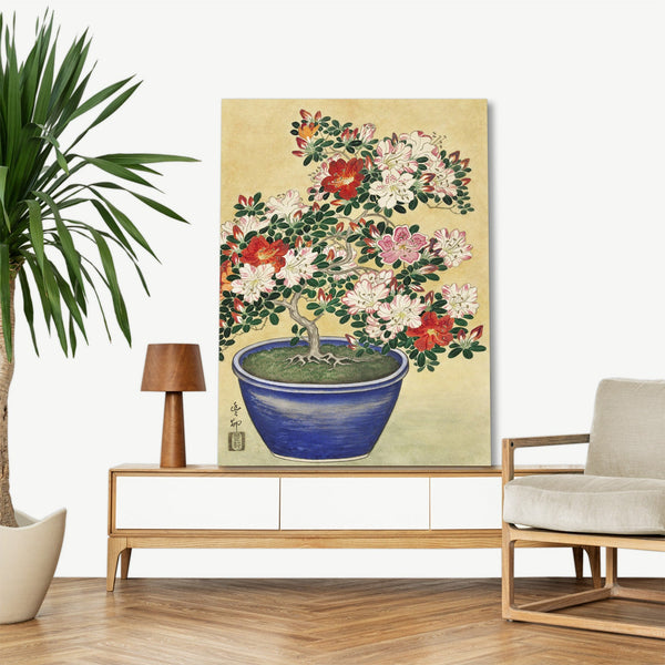 Quadro Stampa su Tela con Telaio in Legno Ogata Gekko - Blooming azalea in blue pot