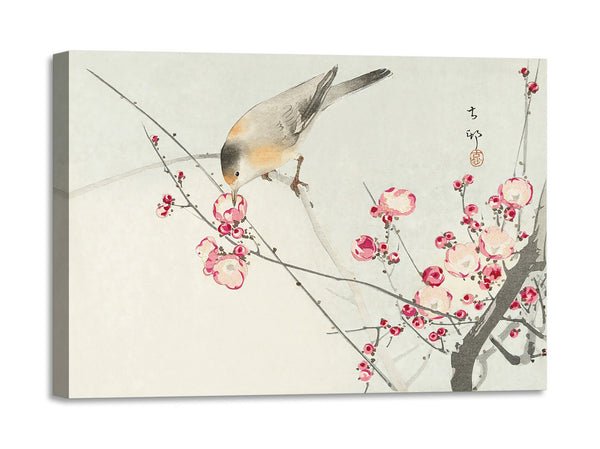 Quadro Stampa su Tela con Telaio in Legno Ohara Koson - Songbird on blossom branch