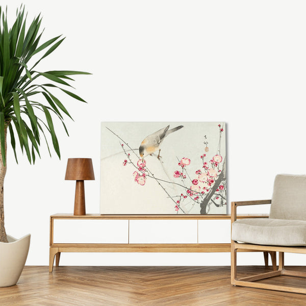 Quadro Stampa su Tela con Telaio in Legno Ohara Koson - Songbird on blossom branch