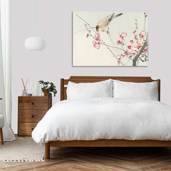 Quadro Stampa su Tela con Telaio in Legno Ohara Koson - Songbird on blossom branch