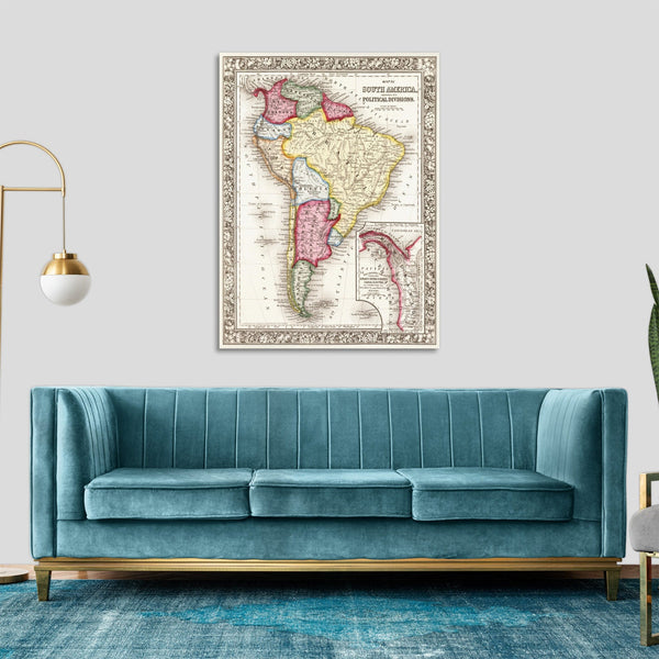 Quadro Stampa su Tela con Telaio in Legno Map of South America