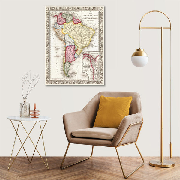 Quadro Stampa su Tela con Telaio in Legno Map of South America