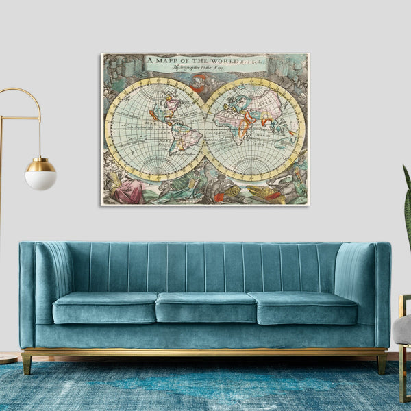 Quadro Stampa su Tela con Telaio in Legno John Playford - A mapp of the world