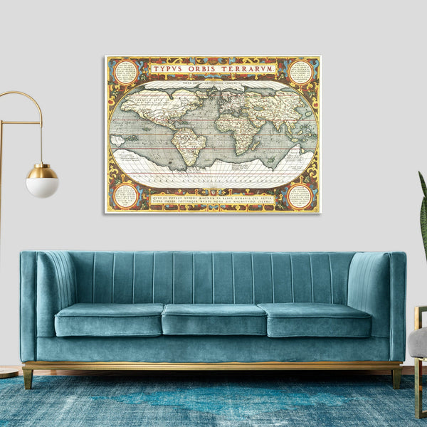 Quadro Stampa su Tela con Telaio in Legno Abraham Orteliu - Typus orbis terrarum