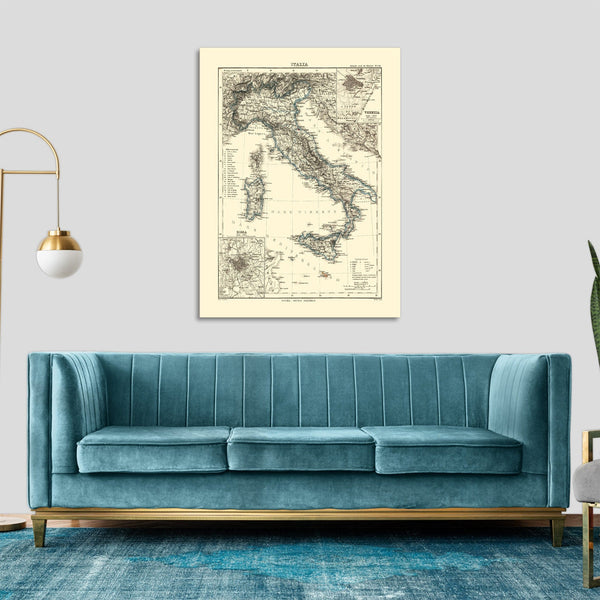 Quadro Stampa su Tela con Telaio in Legno Maps of the Italy