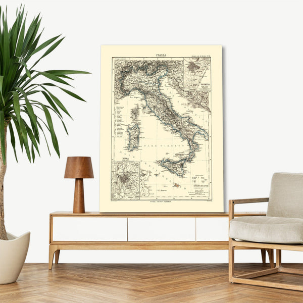 Quadro Stampa su Tela con Telaio in Legno Maps of the Italy